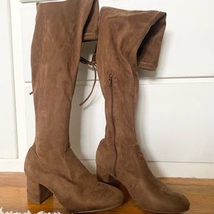 Over the knee brown suede heeled boots